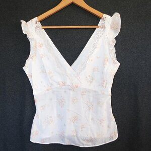 RL Polo Jeans Co. M Cotton Y2K Cottagecore Coquette V-Neck Lace Trim Floral Top